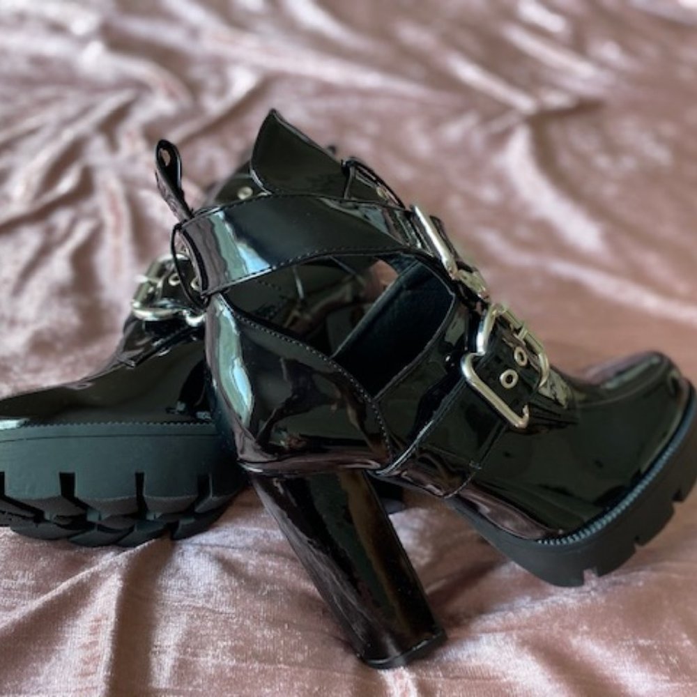 Black Leather Belted Heels
